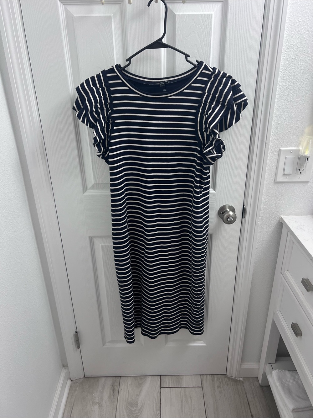 Express Navy and White Striped Midi Length Dress With Ruffle Sleeves Size XL